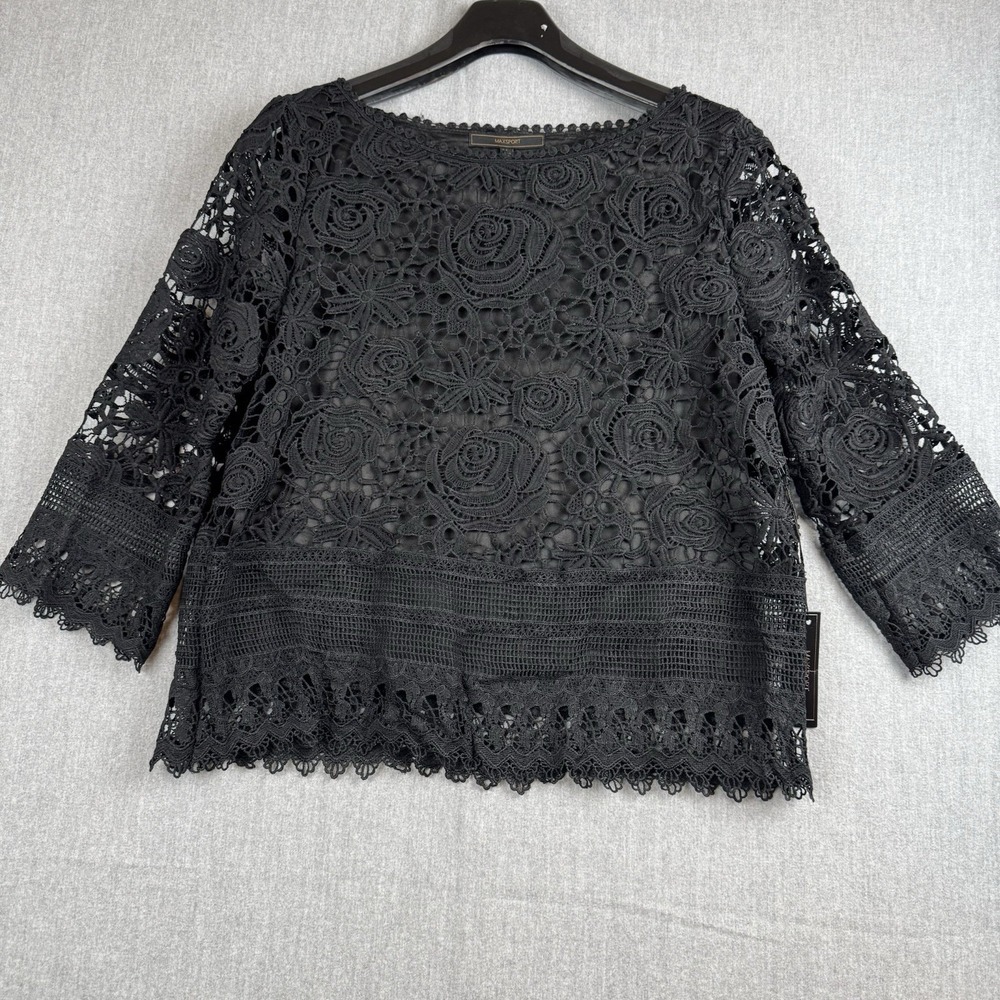 NWT MaxSport Women Black Lace Over Sheer 3/4 Sleeve Blouse Top Women Size Medium